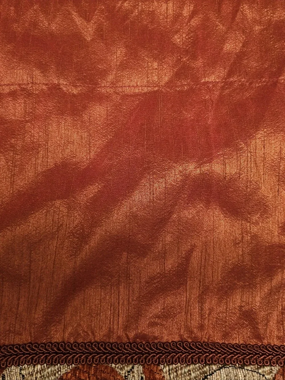 Rust Orange Valance- Patterned Brocade Border W Fringe